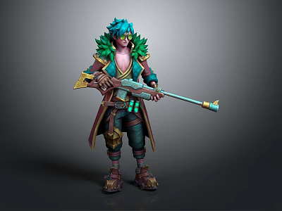 Fantasy Game Character Design With Teal Hair Green Feathered Coat And Long Rifle 3d model