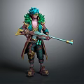 Fantasy Game Character Design With Teal Hair Green Feathered Coat And Long Rifle
