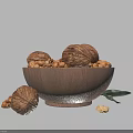 Wooden Bowl Filled With Walnuts And Chickpeas Beside Green Leaf On Gray Background