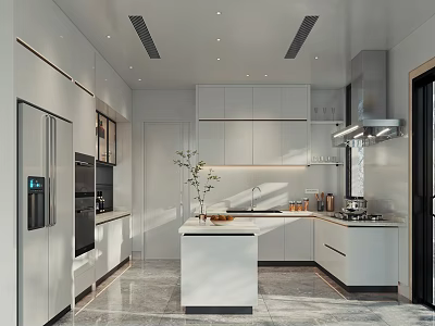 Modern Kitchen Interior With White Cabinets Central Island And Stainless Steel Appliances 3d model