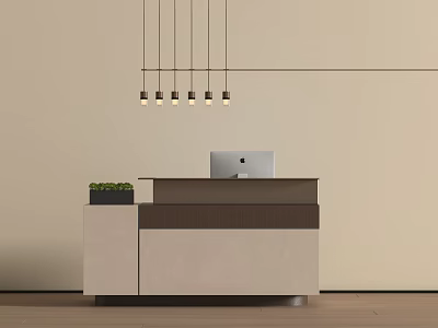 Modern Light Colored Bar Counter With Hanging Lights Laptop And Small Plant On Wooden Floor 3d model