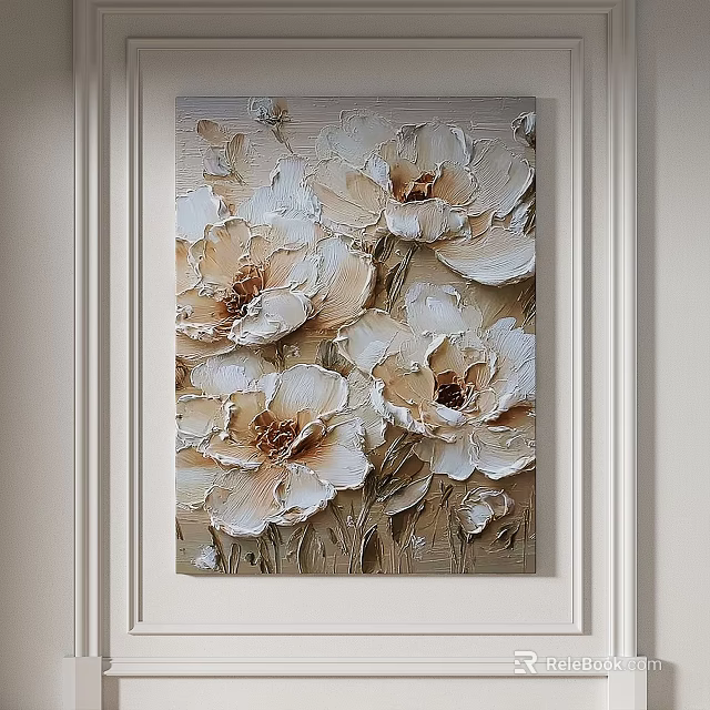 Abstract Painting With 3D Cream Beige Flowers And Relief Texture Decorative Wall Art 3d model 