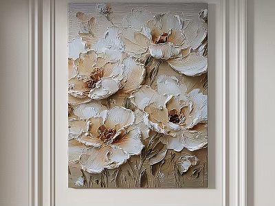 Abstract Painting With 3D Cream Beige Flowers And Relief Texture Decorative Wall Art 3d model