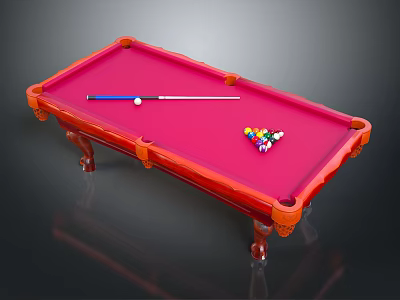Red Wooden Billiard Table With Pink Felt Surface Cue Stick And Colorful Balls 3d model