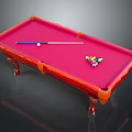 Red Wooden Billiard Table With Pink Felt Surface Cue Stick And Colorful Balls