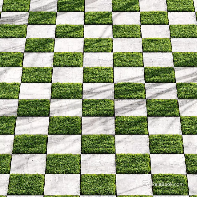 Checkerboard Pattern Garden Landscape With Green Grass And White Stone Tiles 3d model 