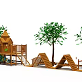 Wooden Playground Structures For Kindergarten With Trees And Slides 3d model
