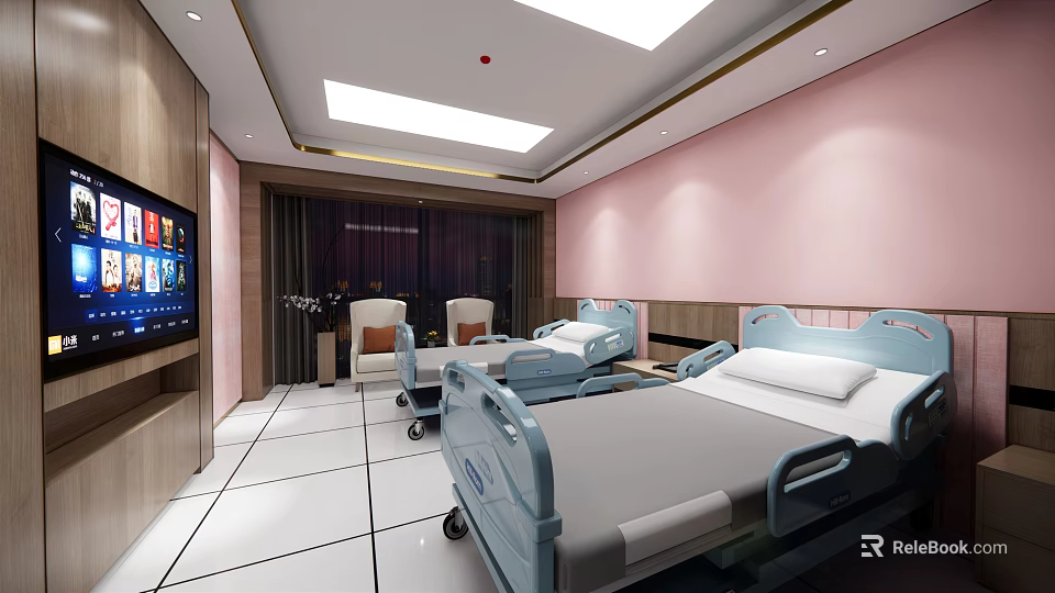 Hospital Room Interior Featuring Two Beds Pink Walls TV And White Floor 3d model 