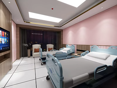 Hospital Room Interior Featuring Two Beds Pink Walls TV And White Floor 3d model