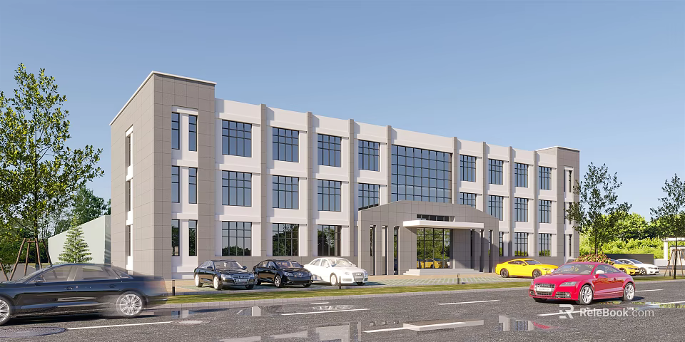 Modern Multi Storey Office Building With Large Glass Windows Main Entrance And Parking Area 3d model 