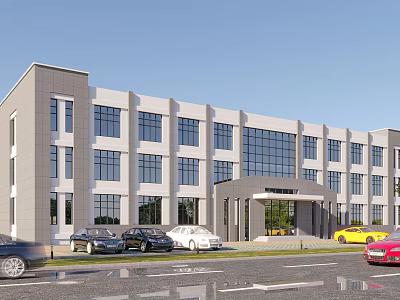 Modern Multi Storey Office Building With Large Glass Windows Main Entrance And Parking Area 3d model