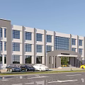 Modern Multi Storey Office Building With Large Glass Windows Main Entrance And Parking Area