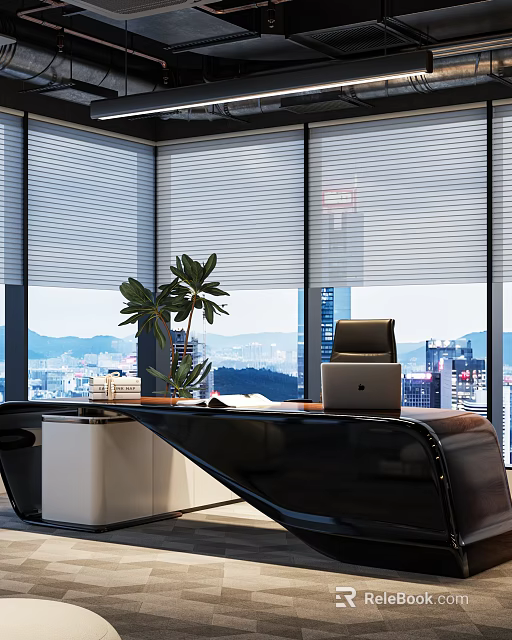 Modern Office Interior With Large Windows Blinds City Mountain View Black Desk Laptop Green Plant 3d model 