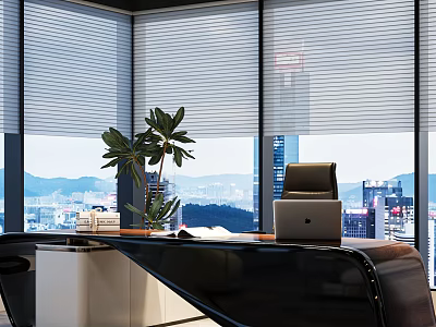 Modern Office Interior With Large Windows Blinds City Mountain View Black Desk Laptop Green Plant 3d model