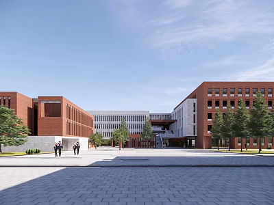 Modern Red Brick School Buildings With Campus Square Green Trees And People Walking 3d model