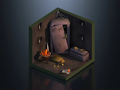 Enchanting Cartoon Scene With Spider Web Fire Pit Treasure Chest And Gold Coins 3d model