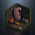 Enchanting Cartoon Scene With Spider Web Fire Pit Treasure Chest And Gold Coins