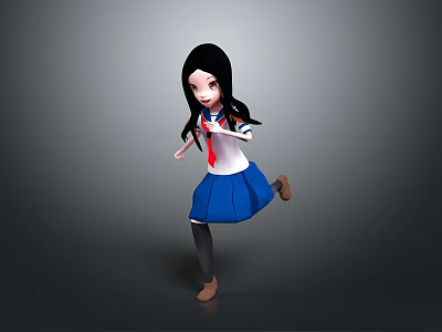 3D Anime School Girl Character With Long Black Hair Red Tie Blue Skirt Running Pose 3d model
