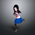3D Anime School Girl Character With Long Black Hair Red Tie Blue Skirt Running Pose