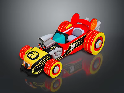 Cartoon Style Toy Race Car With Red Yellow Black Body Large Wheels And Decorative Details 3d model