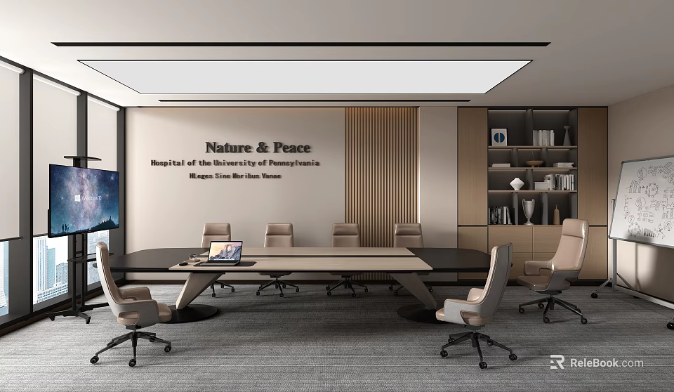 Modern Conference Room Interior Design With Wooden Meeting Table Ergonomic Chairs And Ceiling Lights 3d model 
