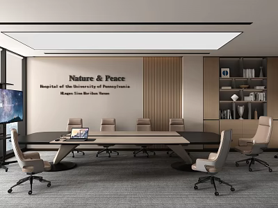 Modern Conference Room Interior Design With Wooden Meeting Table Ergonomic Chairs And Ceiling Lights 3d model