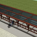 Outdoor Wooden Pavilion With Pergola Structure And Bicycle In Park Area