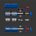Red And Blue Industrial Mechanical Equipment With Pipes And Multiple Units