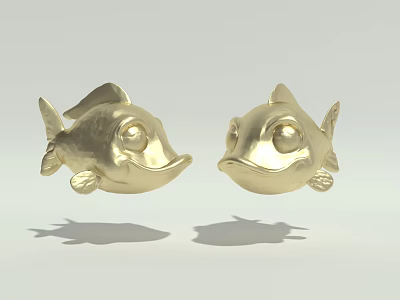 Two Shiny Golden Fish Decorative Figurines with Smooth Surface on White Background 3d model