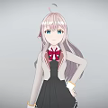 Young Woman With Pink Hair Wearing School Uniform Black Skirt White Socks And Red Bow