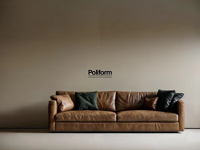 Pollform Brown Leather Three Seater Sofa With Green And Black Cushions On Neutral Wall 3d model
