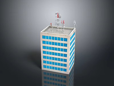 Cartoon Style Tall Building Model with Blue Windows and Top Antennas 3d model