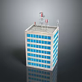 Cartoon Style Tall Building Model with Blue Windows and Top Antennas