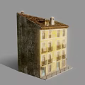 Yellow Corner Multi Story Building with Blue Doors Red White Striped Awning and Windows