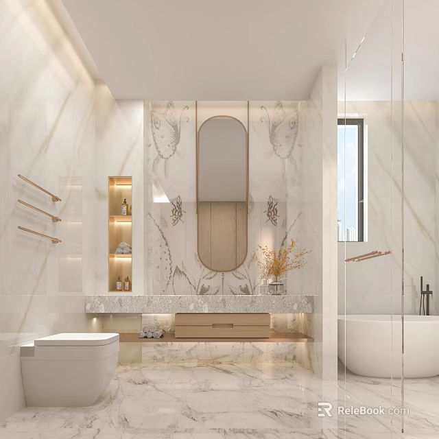 Elegant Modern Bathroom Interior With Marble Vanity And Round Mirror Plus Freestanding Bathtub 3d model 
