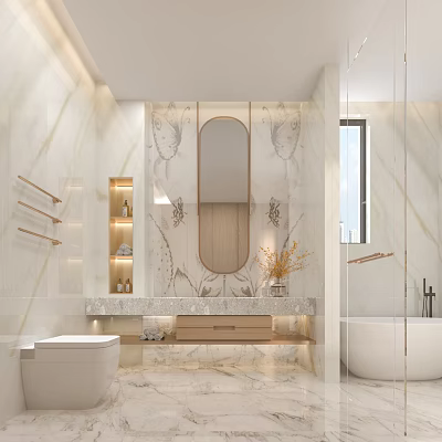 Elegant Modern Bathroom Interior With Marble Vanity And Round Mirror Plus Freestanding Bathtub 3d model