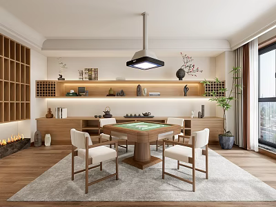 Elegant Hotel Mahjong Room Interior Design With Wooden Chairs And Decorative Shelves Soft Lighting 3d model