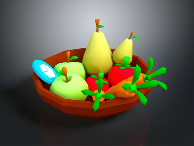 Colorful Decorative Ornament Set with Brown Bowl Yellow Pears Red Apples Vegetables and Blue Plate 3d model