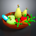 Colorful Decorative Ornament Set with Brown Bowl Yellow Pears Red Apples Vegetables and Blue Plate