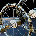 Wheel Shaped Space Station Orbiting Earth With Cloudy Skies 3d model