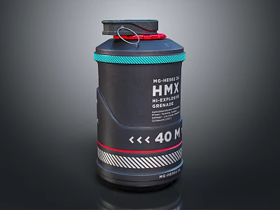 Black Cylindrical HMX High Explosive Container With 40M Label And Red Stripe 3d model