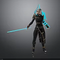 Woman Wearing Black Outfit With Gold Accents Holding Blue Glowing Sword And White Hair