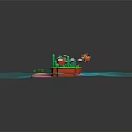 3D Island Scene With Green Plants Red Base White Clouds Small Boat And Blue Water
