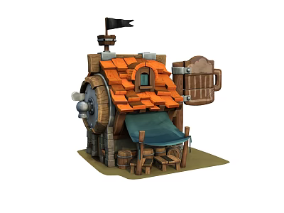 Cartoon Wooden Tavern Scene With Orange Tile Roof Black Flag Beer Mug And Water Wheel 3d model