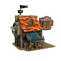 Cartoon Wooden Tavern Scene With Orange Tile Roof Black Flag Beer Mug And Water Wheel