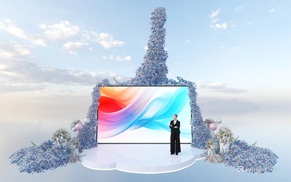 Elegant Stage Featuring Large Colorful Screen Person in Black Blue Floral Decorations and Sky Background 3d model 