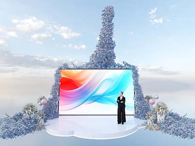 Elegant Stage Featuring Large Colorful Screen Person in Black Blue Floral Decorations and Sky Background 3d model