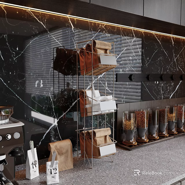 Restaurant Kitchen Interior With Marble Wall Metal Rack Storage Baskets Grain Dispensers And Coffee Machine 3d model 