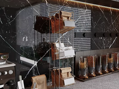 Restaurant Kitchen Interior With Marble Wall Metal Rack Storage Baskets Grain Dispensers And Coffee Machine 3d model