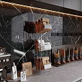 Restaurant Kitchen Interior With Marble Wall Metal Rack Storage Baskets Grain Dispensers And Coffee Machine
